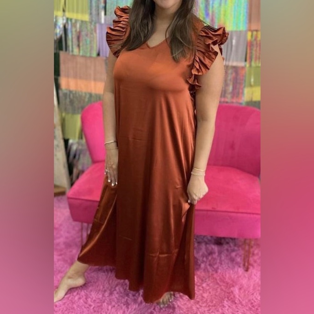 Burnt orange/copper, flutter sleeve maxi dress size small